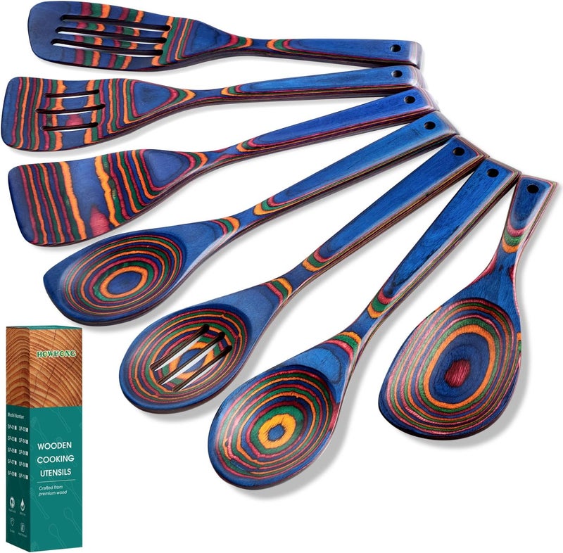 HOWHONG Wooden Spoons for Cooking, Pakkawood Kitchen Utensil Set Spectrum Color, Premium Durable Wooden Utensils for Nonstick Cookware, Heat Resistant, Smooth Finish, Comfortable Grip, 7 Piece - Image 1